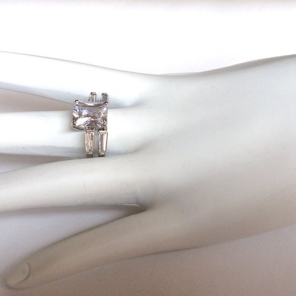 Princess Cut Engagement Wedding Ring Set Size 9 10 CZ Silver Rhodium Plated - Picture 6 of 12